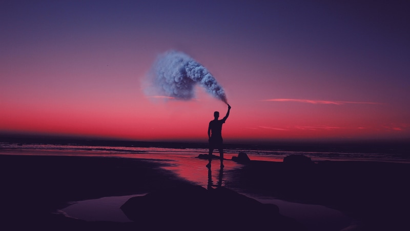 sky, dawn, evening, smoke, man, horizon, coast, calm, water, pink sky, sunset, amazing, beach, sea, dusk, 4K, shore, still life photography, still life