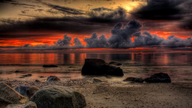 shore, cloud, sunset, sea, 1080P, horizon, beach, evening