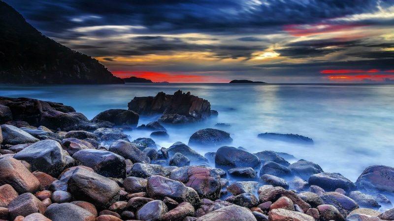 rock, sky, sunset, stones, 4K, coast, nature, ocean, water, dusk, sea, twilight, horizon, shore