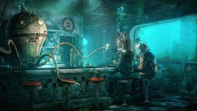 indoors, architecture, electric lamp, spooky, bar, lighting equipment, artwork, reflection, transparent, built structure, dark, wall - building feature