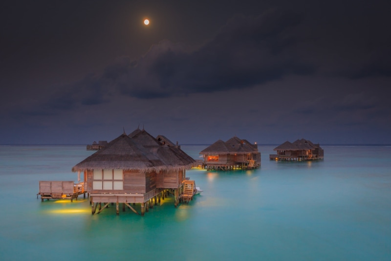 black, huts, bungalow, water, dusk, tropical, brown, landscape, beach, waterfront, Maldives, cloud - sky, middle, tranquil scene, no people, beauty in nature