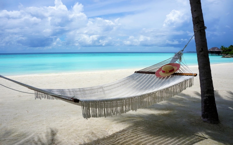 sea, water, land, cloud - sky, trees, day, travel destinations, tropical, travel, beauty in nature, Maldives, nature, nautical vessel, hammocks, island