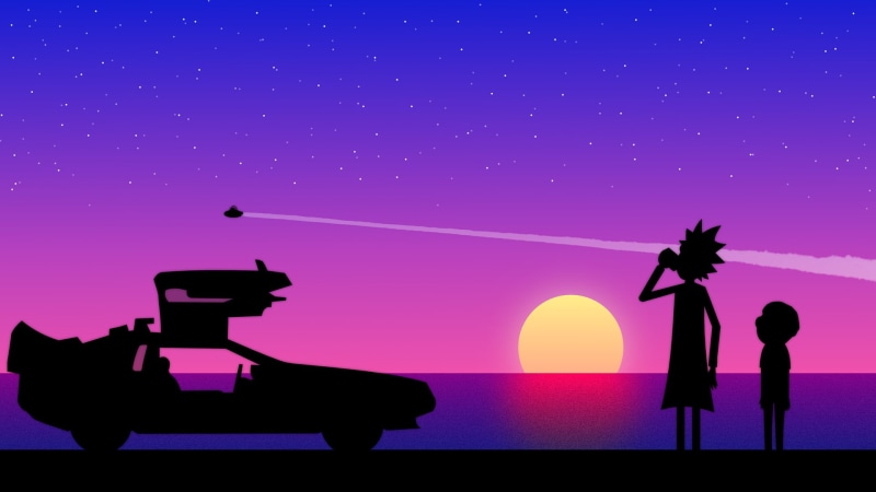 Morty Smith, Rick and Morty, wubalubadubdub, 1080P, sunset, Rick Sanchez, DeLorean