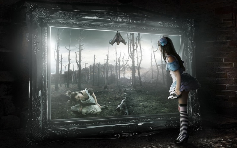 digital, trees, window, men, horror, indoors, forest, standing, females, two people, casual clothing, front, young adult, digital composite
