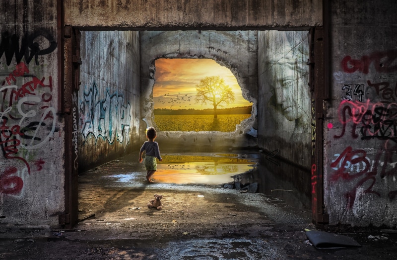 4K, broken, teddy bear, building exterior, birds, day, dusk, illustration, men, construction, reflection, place, architecture, old, boy, dirty, hole in the wall