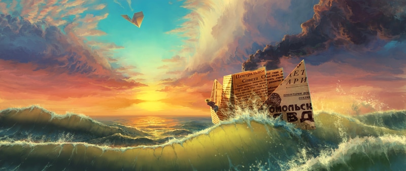 building, fantasy art, beauty in nature, skyscraper, digital composite, built structure, sunset, wave, office building exterior, cloud - sky, architecture
