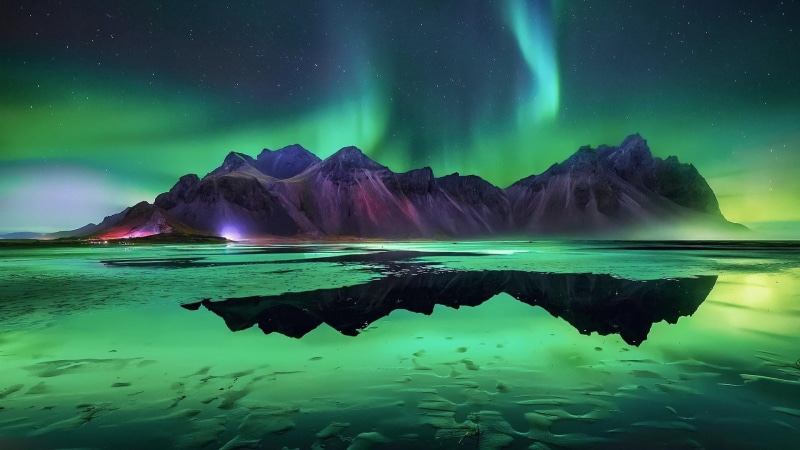northern lights, iceland, calm, starry sky, 1080P, atmosphere, vestrahorn, stokksnes, aurora borealis, darkness, brunnhorn, stars, landscape, vatnajokull national park