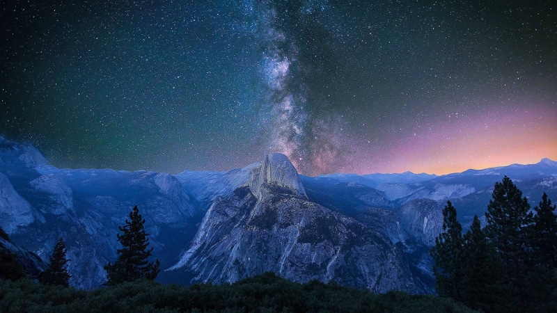 milky way, glacier point, night, yosemite, yosemite valley, snowcapped mountain, outdoors, no people, united states, sky, tree, tranquility, aurora borealis