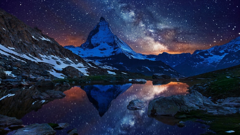 galaxy, europe, mountain, outdoors, space and astronomy, atmosphere, phenomenon, star - space, space, matterhorn, tranquil scene, water, mount scenery