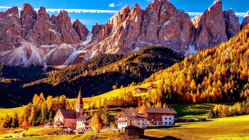 4K, nature, tree, autumn, outdoors, tranquil scene, formation, tranquility, villnoss, st magdalena, europe, land, alps, day, tourist attraction, val di funes