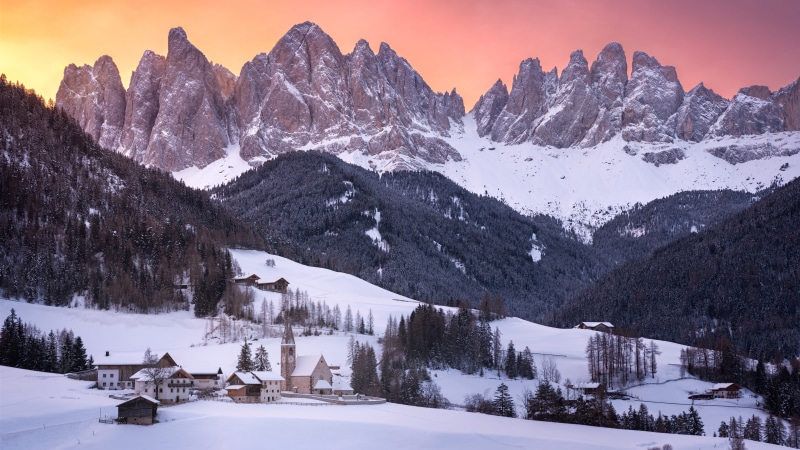 mount scenery, snow, funes, funes valley, world heritage, winter, valley, puez odle natural park, mountain range, santa maddalena, bolzano, puez-geisler nature park