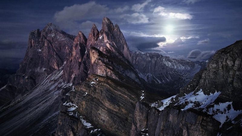 non-urban scene, puez geisler nature park, moonlight, ridge, alps, snow, europe, escarpment, rock, tranquility, night, national park, darkness, landscape