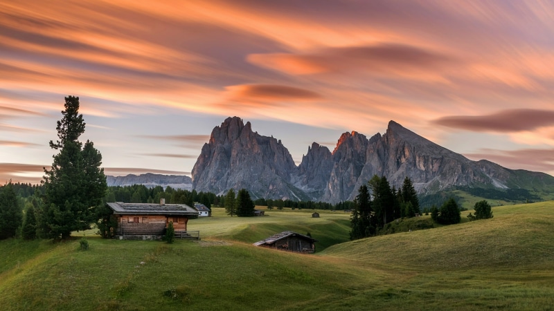 grassland, tranquility, tranquil scene, nature, sky, field, cloud - sky, hill, plant, sunset, italy, mountain range, no people, morning, bolzano, south tyrol