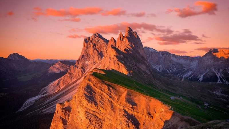beauty in nature, alps, puez odle nature park, tranquility, bolzano, sunset, puez-geisler nature park, peak, 1080P, nature, val gardena, environment, landscape