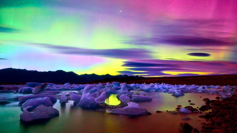 night sky, iceland, emerald, ice, northern lights, aurora borealis, 4K