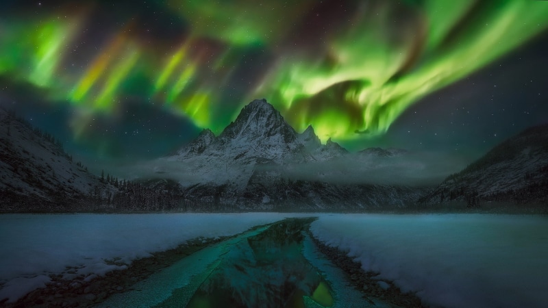 alaska, aurora borealis, 1080P, polar lights, winter night, atmosphere, sky, arctic, night sky, landscape, mountain, northern lights, aurora, united states