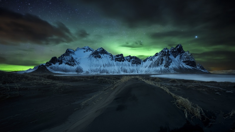 polar lights, national park, vestrahorn, mountain, northern lights, vestrahorn mountains, 4K, starry night, aurora borealis, night sky, stokksnes, vatnajokull national park
