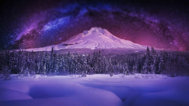 stars, night sky, snow, mountain, purple, arctic, nature, phenomenon, winter, starry sky, milky way, 1080P, sky, night, landscape