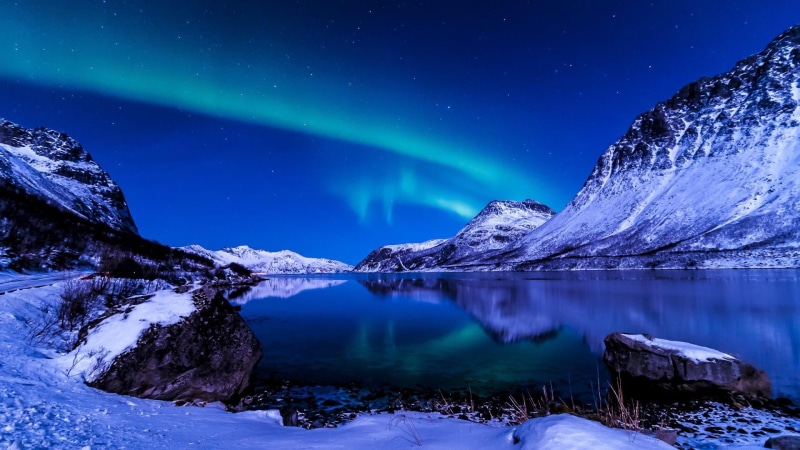landscape, polar lights, mountain, arctic, water, aurora borealis, atmosphere, sky, 1080P, mount scenery, snow, lake, nature, freezing, winter, reflection