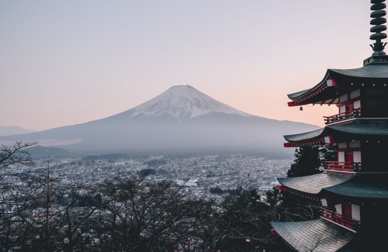 no people, japanese, snow, mountain, fuji, winter, city, architecture, nature, mt, 5K, beauty in nature, built structure, mountain peak, building exterior