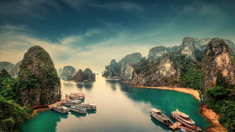 sea, landscape, lake, tree, tourism, sky, mount scenery, cloud, 1080P, bay, water, asia, ships, halong bay, mountain, vietnam