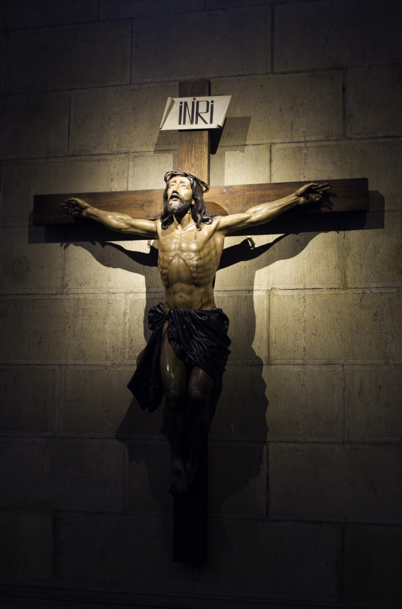 crucifix, indoors, representation, crucifixion, statue, human arm, wooden, christ, architecture, horror, sculpture, text, people, christianity, human representation