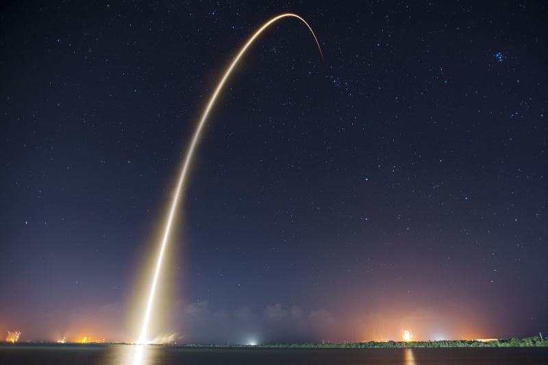Falcon 9, space, craft, stars, SpaceX, 2K, rocket, universe, Launch, long exposure