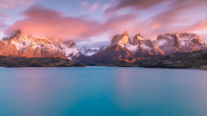 mountain, 4K, south america, chile, lake, landscape, water, sky, patagonia, morning, horizon, nature, mountain range, cloud, torres del paine national park