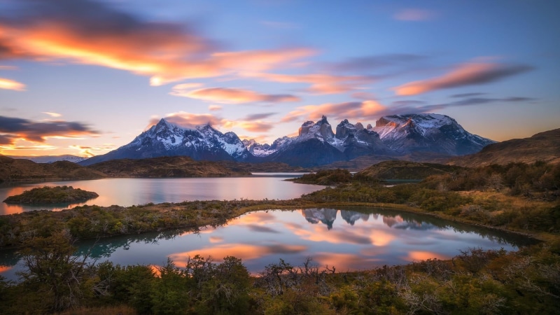 no people, lake, outdoors, scenics - nature, sunset, 1080P, reflection, tranquil scene, chile, beauty in nature, mountains, patagonia, winter, snowcapped mountain