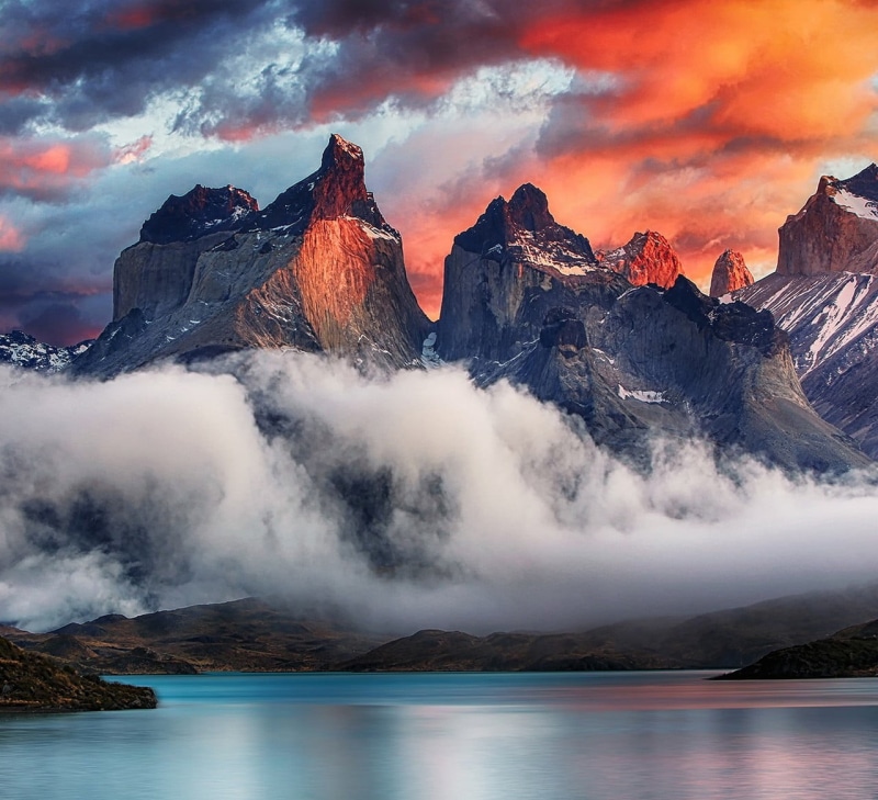 sky, winter, Torres del Paine, body, lake, snowcapped mountain, hour, outdoors, mountain range, near, Patagonia, cold temperature, travel destinations