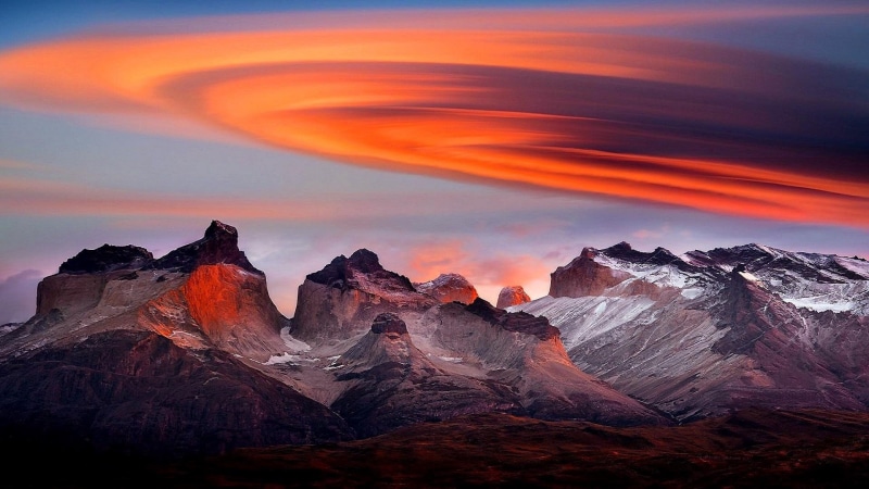torres del paine national park, horizon, mount scenery, sunrise, lenticular cloud, sky, cloud, mountainous landforms, geological phenomenon, mountain range
