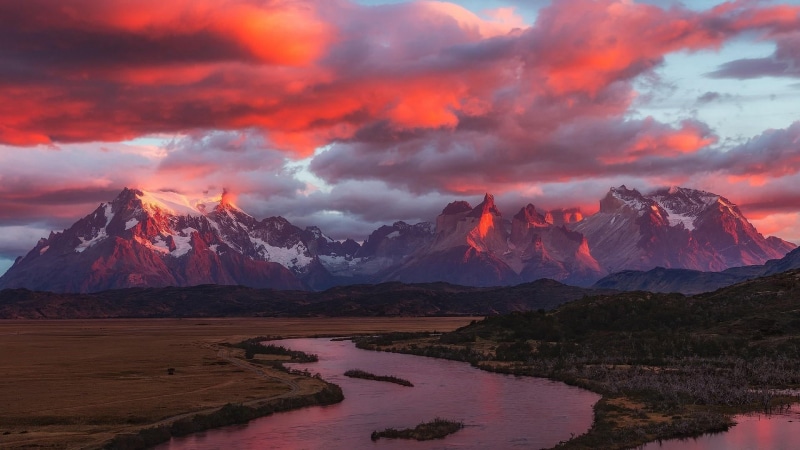 national park, nature, landscape, sunrise, water, peaks, dramatic sky, reflection, cuernos del paine, cloud, mountain peak, beauty in nature, pink sky