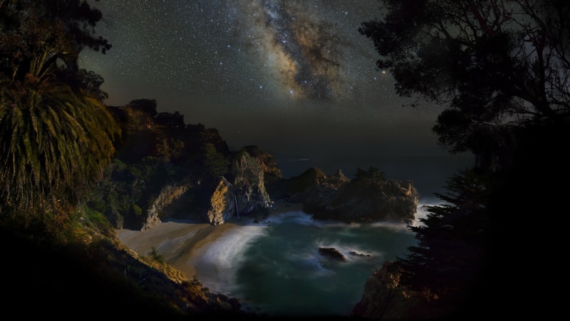 1080P, night, astronomy, santa lucia mountains, tree, united states, milky way, starry sky, rock, bay, starry, sky, nature, big sur, pacific ocean, starry night