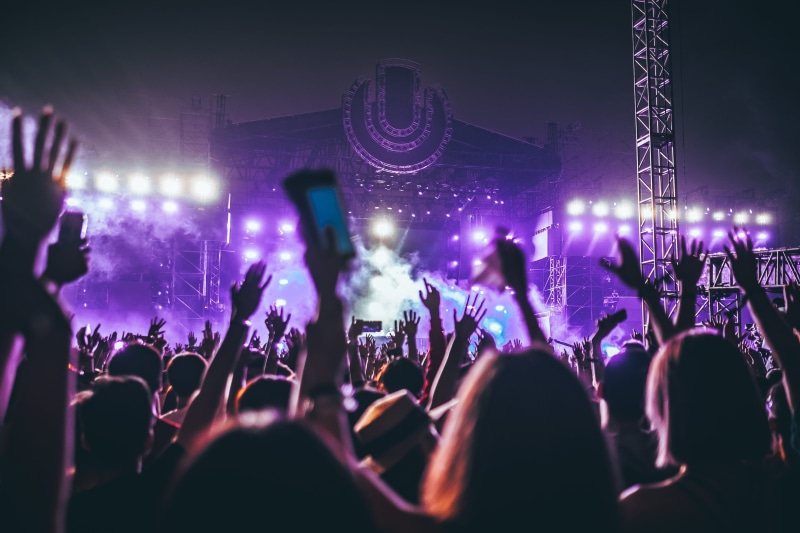 fans, spectator, performance, audience, stage light, light, purple, enjoyment, dj, thechainsmoker, stage, group, strobe light, human arm, lighting equipment