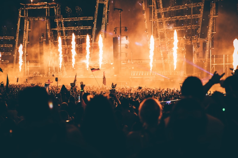 hands up, enjoyment, spectator, musician, celebration, arms raised, stage, excitement, event, people, youth culture, nightlife, illuminated, stage light