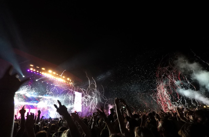 human arm, people, illuminated, party, streamers, celebration, stage - performance space, audience, 4K, music, excitement, music festival, arms raised