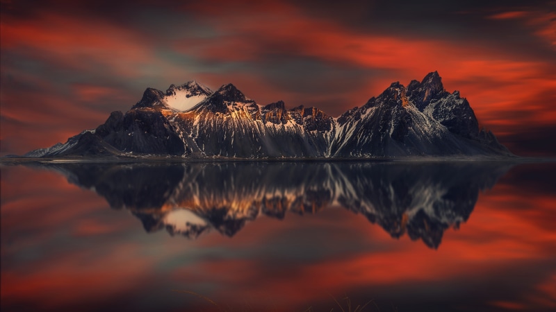 4K, mountain, vatnajokull national park, brunnhorn, horny mountains, calm, stokksnes, national park, rocky mountain, vestrahorn mountains, reflection