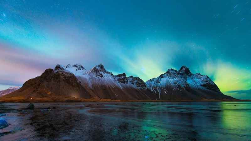 polar lights, aurora borealis, vestrahorn, stars, night sky, land, environment, long exposure photography, stokksnes, 1080P, scenics - nature, ice, mountain