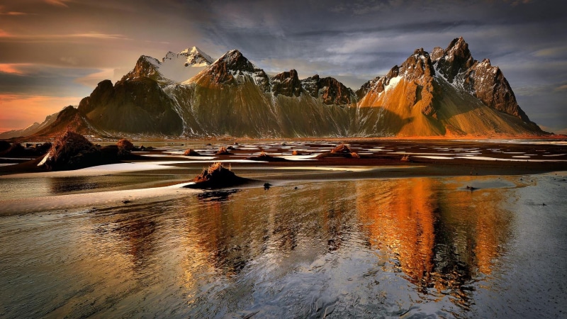 eystrahorn, reflection, sunset, landscape, 1080P, cloud - sky, mountain, tranquility, land, water, rock, horizon, peak, mountain range, vestrahorn, beauty in nature