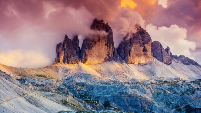 italy, national park, 4K, mountain, south tyrol, dolomites, tree, tre cime di lavaredo, fog, three peaks, glow