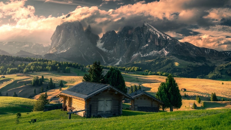 alps, bolzano, rural area, seiser alm, log cabin, grassland, sky, mount scenery, mountain range, hill, morning, wilderness, village, mountain, cloud, italy