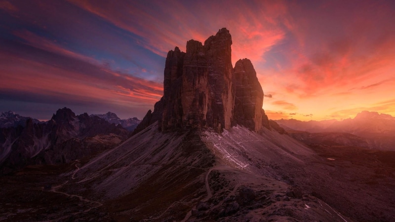mountain, outdoors, dolomites, sunrise, formation, scenics - nature, cloud - sky, tre cime di lavaredo, badlands, sun, environment, land, non-urban scene