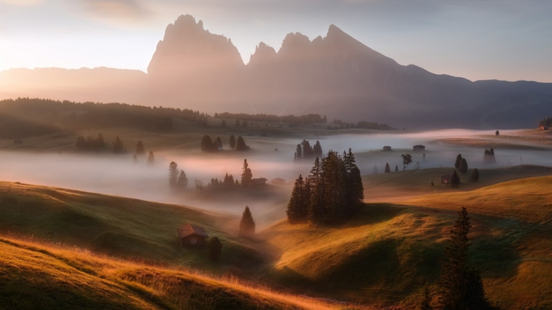 fog, tranquil scene, 1080P, tranquility, sassolungo, europe, saslonch, south tyrol, alps, morning, italy, sunset, environment, tree, sky, bolzano, plant