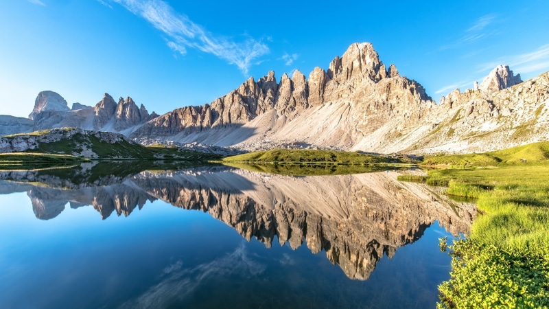 bolzano, dolomite alps, blue sky, 1080P, paternkofel, mount paterno, alps, monte paterno, mountain lake, tre cime, trentino-alto adige, pond, italy, laghi del piani