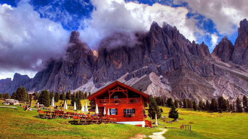 alps, nature, wilderness, 4K, mountainous landforms, dolomites, eu, mountain village, chalet, mountain range, bolzano, mountain, restaurant, italy, valley