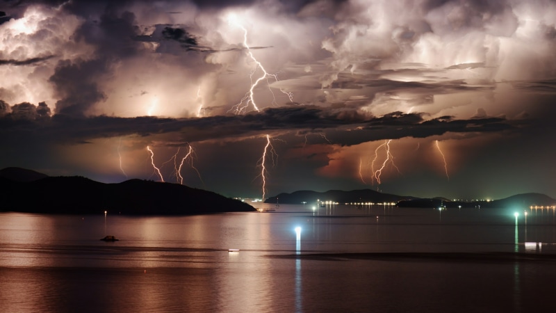 thunderstorm, reflection, phenomenon, stormy, horizon, storm, sky, thunder, evening, 4K, lightning strikes, water, cloud, cloudy, lightning, atmosphere