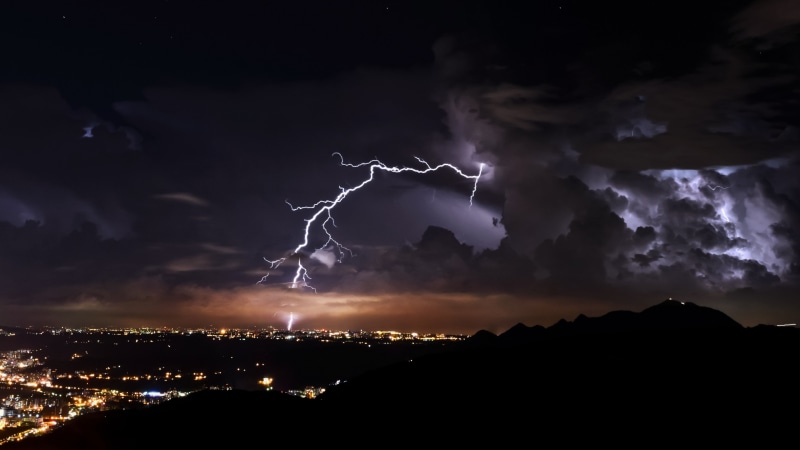 evening, thunder, cloud, city lights, darkness, phenomenon, meteorological phenomenon, sky, thunderstorm, lightning, atmosphere, night, city, 4K, storm