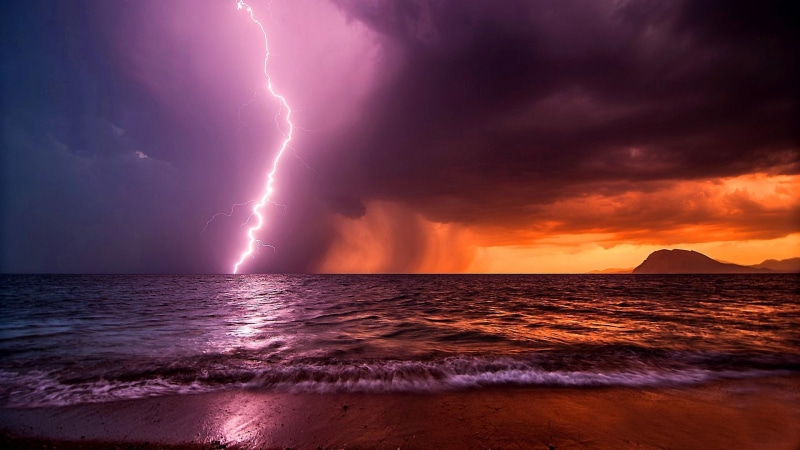 zakynthos, sunset, sky, strike, cloud, greece, thunder, wave, beach, storm, phenomenon, horizon, lightning strike, lightning, sea, coast, kalamaki, 1080P