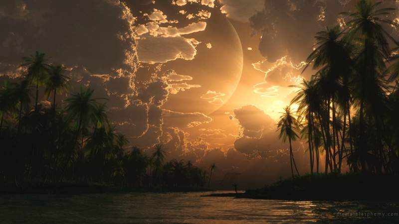 reflection, silhouette, tranquility, horizon, yellow, dusk, water, weather, 1080P, beauty in nature, light, sea, landscape, ocean, star, coconut palm tree
