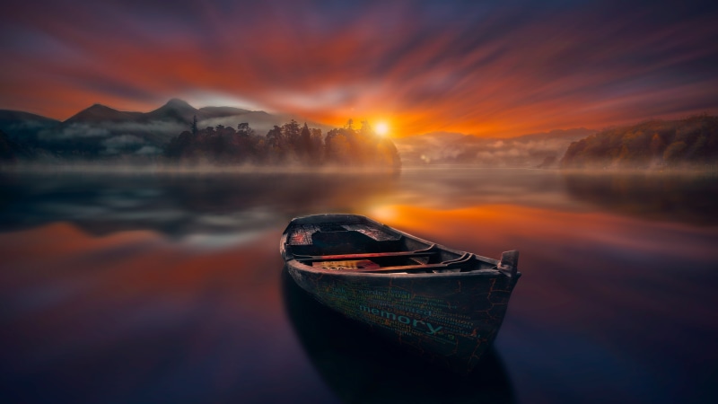 nature, sunlight, evening, reflection, loch, text, photoshop, photoshop art, 5k uhd, calm, lake, water, 5k, sky, landscape, 5K, horizon, boat, sunset